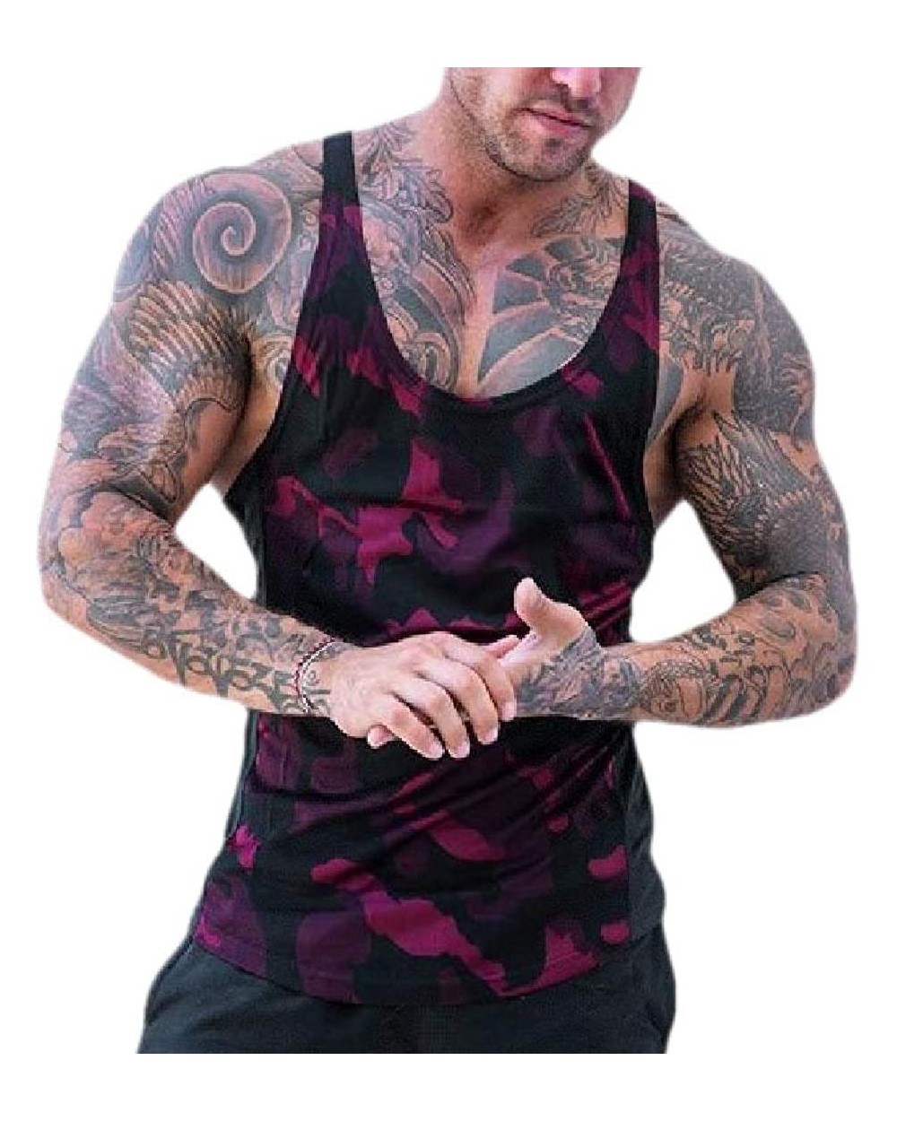 Men's Gym Tank Vest Undershirt Sleeveless Camo Shirts - Rose Red - CB19CH29X0N $35.52 Undershirts