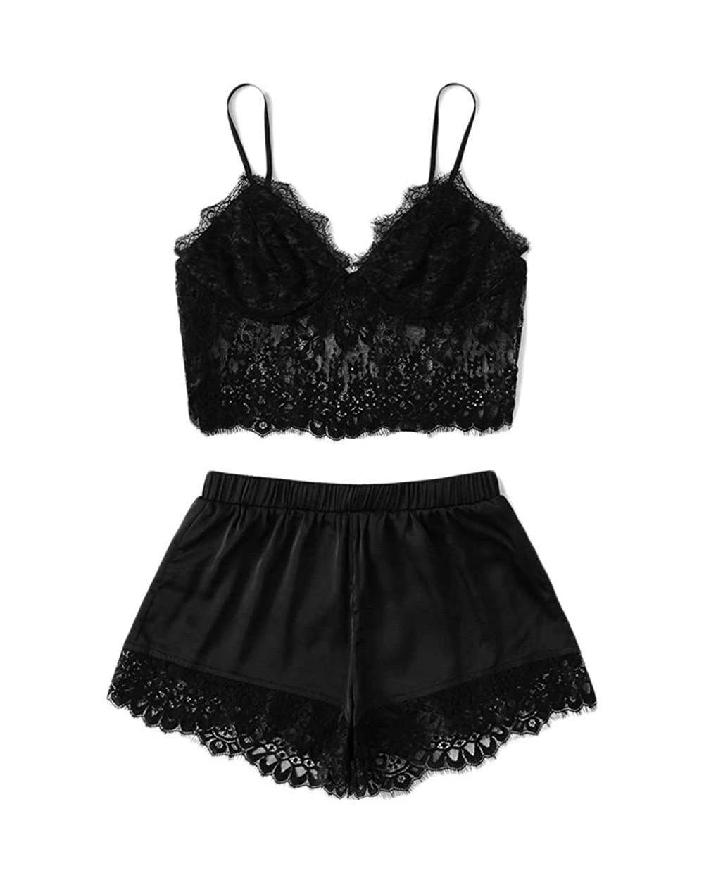 Sexy Nightwear Plus Size Sling Sleepwear Lace Strap Trim Underwear - Black - CN18W2IRXUN $16.38 Baby Dolls & Chemises