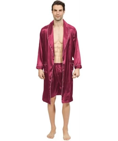 Mens Satin Robe Lightweight Silk Spa Bathrobe with Shorts Nightgown Long Sleeve House Kimono Printed Bathrobe Set - Wine Red ...