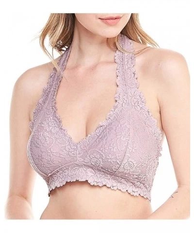 Floral Lace Halter Removable Pads Bralette Top Sheer Bustier Wireless Breathable Bra - Violet Ice - CF18O09720M $20.24 Bras