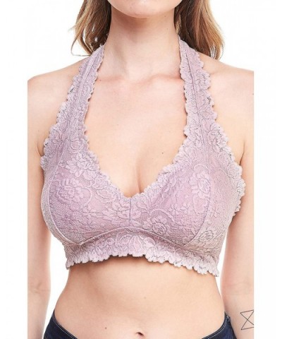 Floral Lace Halter Removable Pads Bralette Top Sheer Bustier Wireless Breathable Bra - Violet Ice - CF18O09720M $20.24 Bras