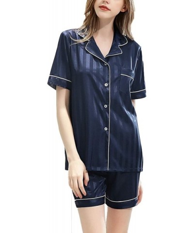 Women's Satin Pajama Set Shirt Shorts 2 Pieces Boyfriend Stripes Pockets Sleepwear - Navy - CA18Y6OA2WK $52.82 Sets