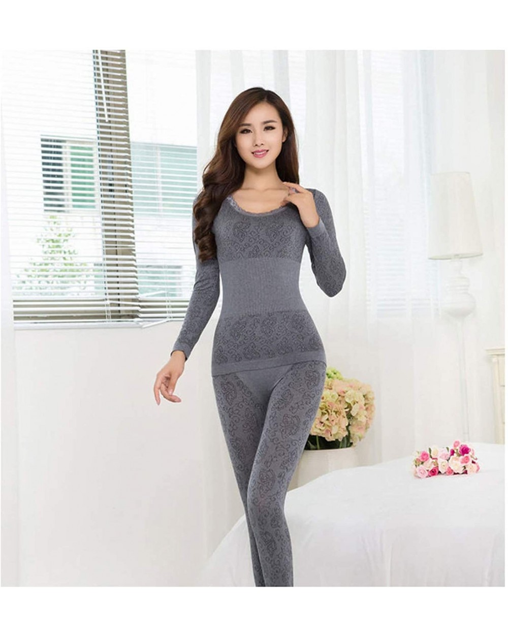 Sexy O Neck Lace Long Johns Women's Suit Butterfly Print Compression Underwear for Women Thin Slim Thermal - Gray - CG1933L09...