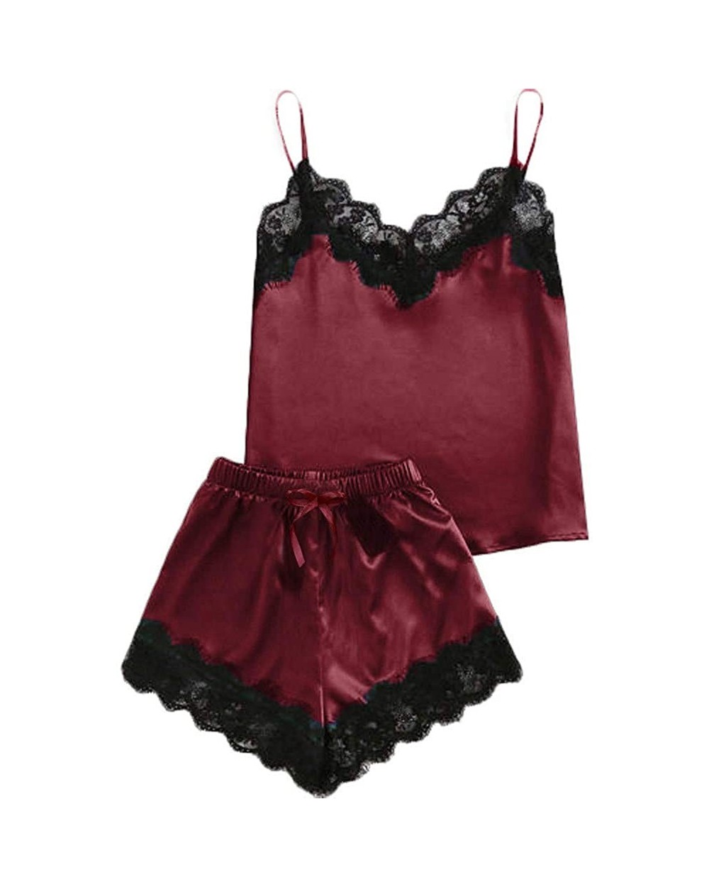 Women Sleepwear Sleeveless Strap Nightwear Lace Trim Satin Cami Top Pajama Sets - Winered - CA18UNA3Q8G $14.88 Sets