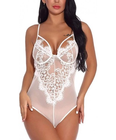 Lingerie for Women V Neck Teddy One Piece Lace Babydoll Bodysuit - 5765-white - CN190N3QIII $30.47 Baby Dolls & Chemises