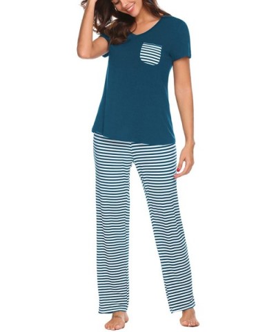 Womens Pajamas Pants Sets V-Neck Short Sleeve Sleepwear Soft Pj Sets - Peacock Blue - CD18CX6MGHS $46.98 Sets