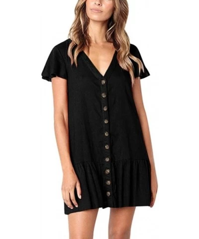 Boho Mini Dress Short Sleeve Button V Neck Sundress Summer Beach Casual Mini Dress - Black - C118TT67ZNS $28.30 Robes