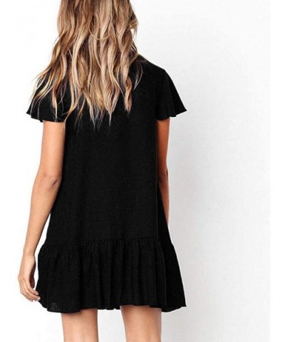 Boho Mini Dress Short Sleeve Button V Neck Sundress Summer Beach Casual Mini Dress - Black - C118TT67ZNS $28.30 Robes