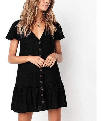 Boho Mini Dress Short Sleeve Button V Neck Sundress Summer Beach Casual Mini Dress - Black - C118TT67ZNS $28.30 Robes