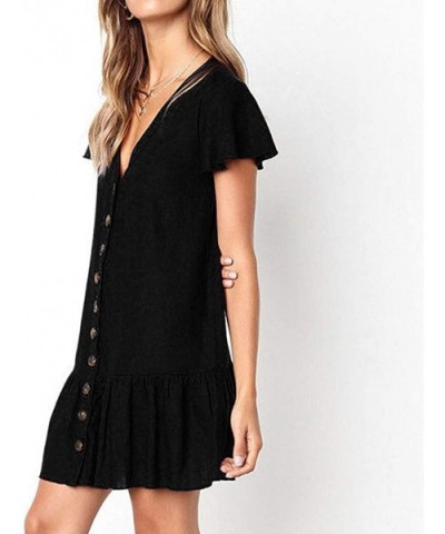 Boho Mini Dress Short Sleeve Button V Neck Sundress Summer Beach Casual Mini Dress - Black - C118TT67ZNS $28.30 Robes