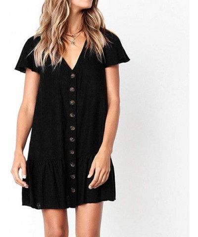 Boho Mini Dress Short Sleeve Button V Neck Sundress Summer Beach Casual Mini Dress - Black - C118TT67ZNS $28.30 Robes