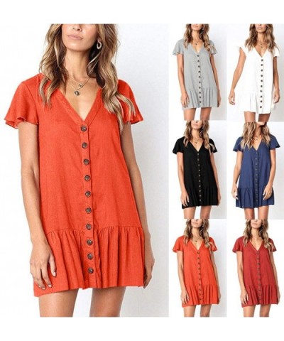 Boho Mini Dress Short Sleeve Button V Neck Sundress Summer Beach Casual Mini Dress - Black - C118TT67ZNS $28.30 Robes