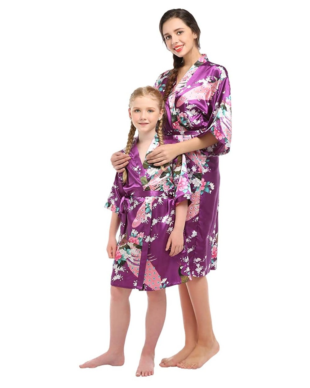 Mommy and Me Family Matching Floral Satin Silky Kimono Robe - Purple - C618T73K9HN $27.10 Robes