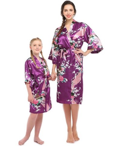 Mommy and Me Family Matching Floral Satin Silky Kimono Robe - Purple - C618T73K9HN $27.10 Robes