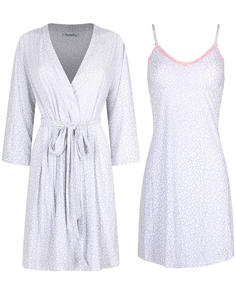 Women's Printed Chemise and Robe 2 Piece Sleep Set - Gray Leopard1 - CY195Q5DR22 $55.45 Robes