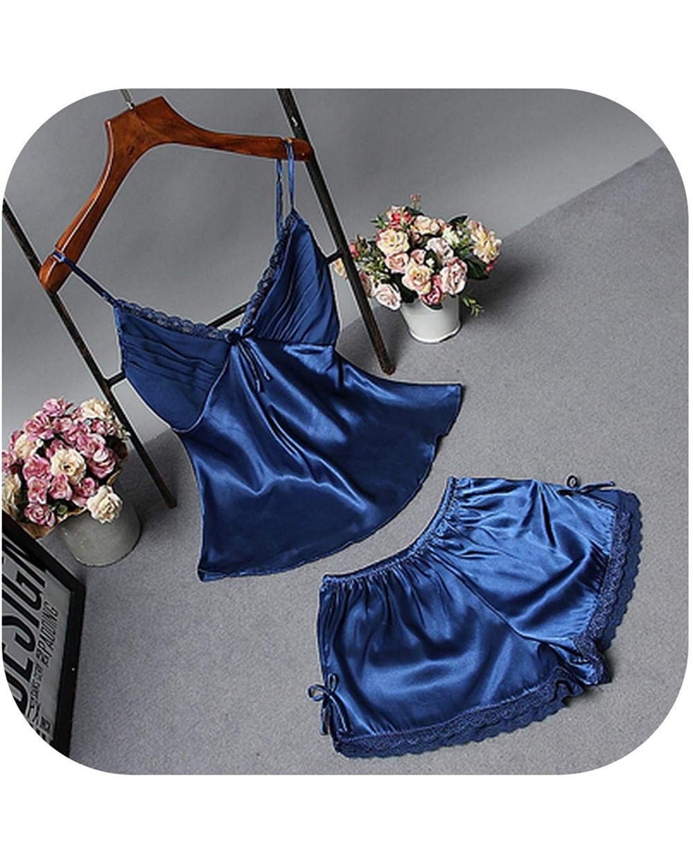 Womens Pajamas Sets Fashion lace Bow Style Pijamas for Lady Short Pants Sleeveless Summer Pyjamas for Women Blue Set - C21907...