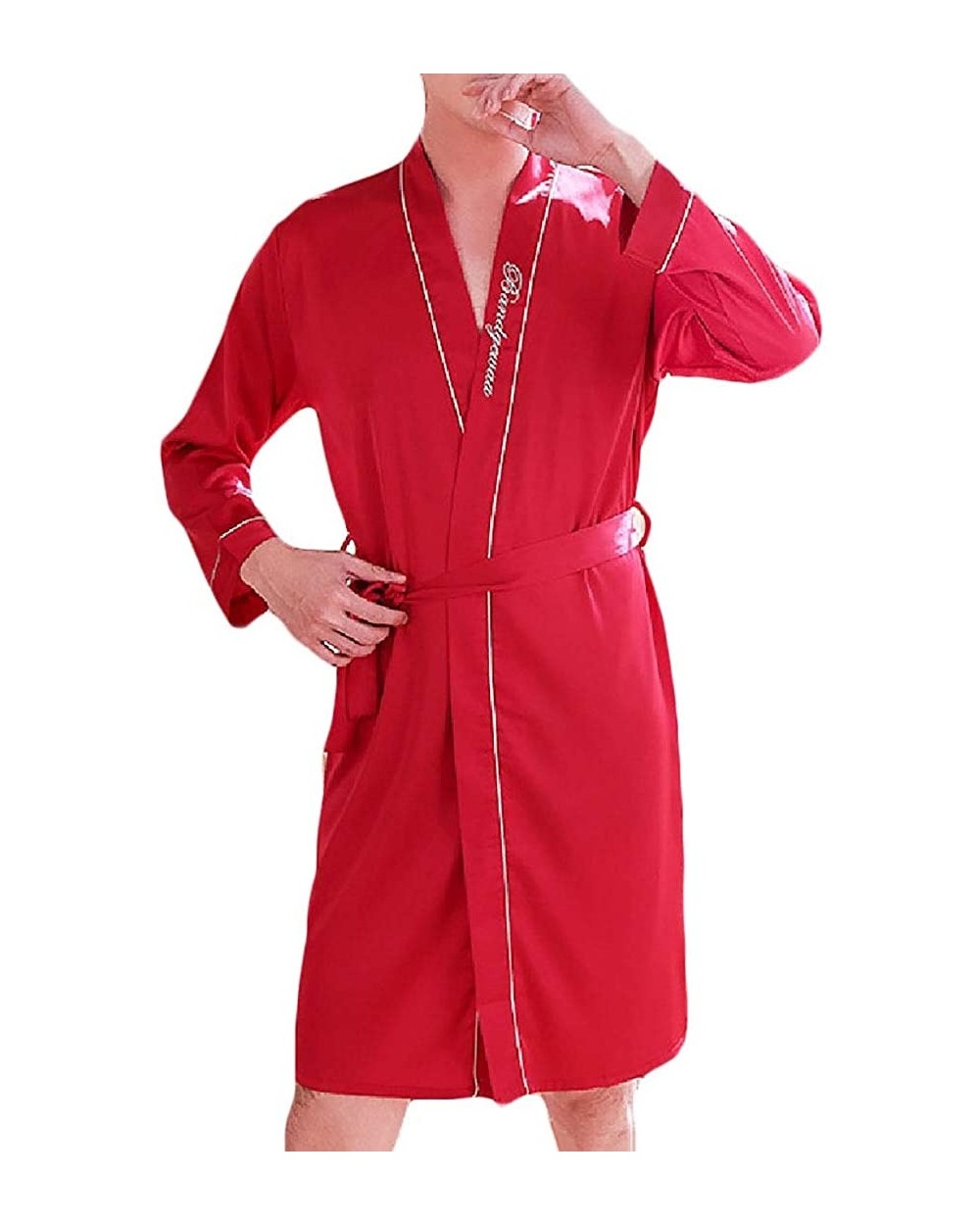 Men's Charmeuse Skinny Solid Color Oversized V Collar Sleepwear Bathrobes - 4 - CK19DOD88GO $53.19 Robes