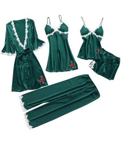 Womens Lingerie Sexy Satin Pajamas Set 5pcs Nightgown Chemise with Robe Set Sexy Lace Nightwear Home Clothes - A-green (5 Pcs...