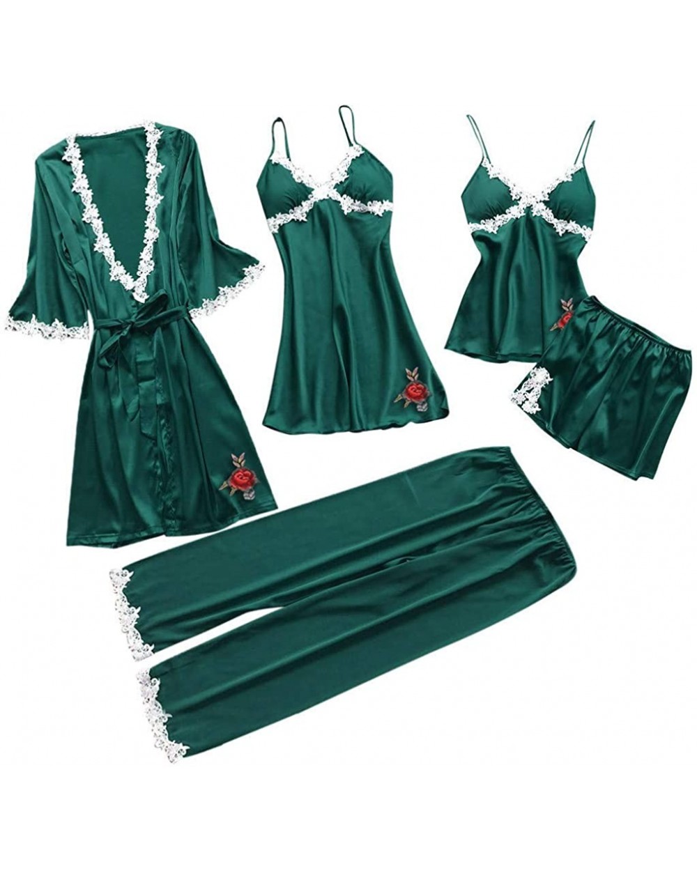 Womens Lingerie Sexy Satin Pajamas Set 5pcs Nightgown Chemise with Robe Set Sexy Lace Nightwear Home Clothes - A-green (5 Pcs...