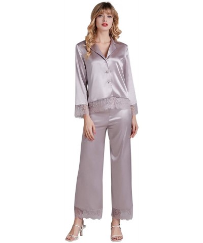 Women's Satin Pajama Sets 3/4 Sleeve V Neck Lace Trim Two Piece Sleepwear - Grey1 - CX198MXK4WZ $40.53 Sets