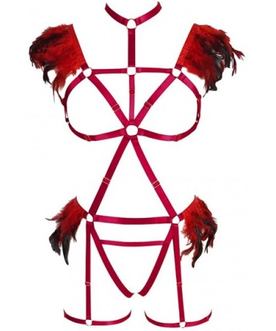 Women Feather Bralette Rave Punk Full Body Harness Epaulette Wings Strappy Burning Man Wear - Wine Red - CO197HTY4G2 $57.40 G...