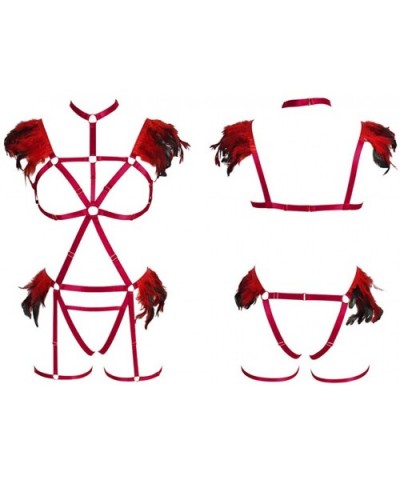 Women Feather Bralette Rave Punk Full Body Harness Epaulette Wings Strappy Burning Man Wear - Wine Red - CO197HTY4G2 $57.40 G...