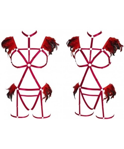 Women Feather Bralette Rave Punk Full Body Harness Epaulette Wings Strappy Burning Man Wear - Wine Red - CO197HTY4G2 $57.40 G...