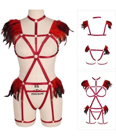 Women Feather Bralette Rave Punk Full Body Harness Epaulette Wings Strappy Burning Man Wear - Wine Red - CO197HTY4G2 $57.40 G...