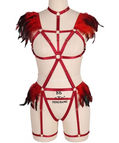 Women Feather Bralette Rave Punk Full Body Harness Epaulette Wings Strappy Burning Man Wear - Wine Red - CO197HTY4G2 $57.40 G...